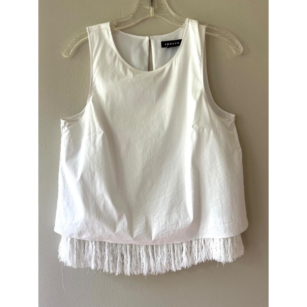 Trouve Sz S White Fringe Trim Lined Hem Tank Top Blouse Shirt